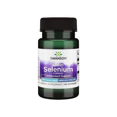 The Swanson Albion Selenium Complex 200 mcg dietary supplement comes in a green bottle with 90 capsules, offering antioxidant benefits and immune support. The front label clearly outlines the dosage and product description.